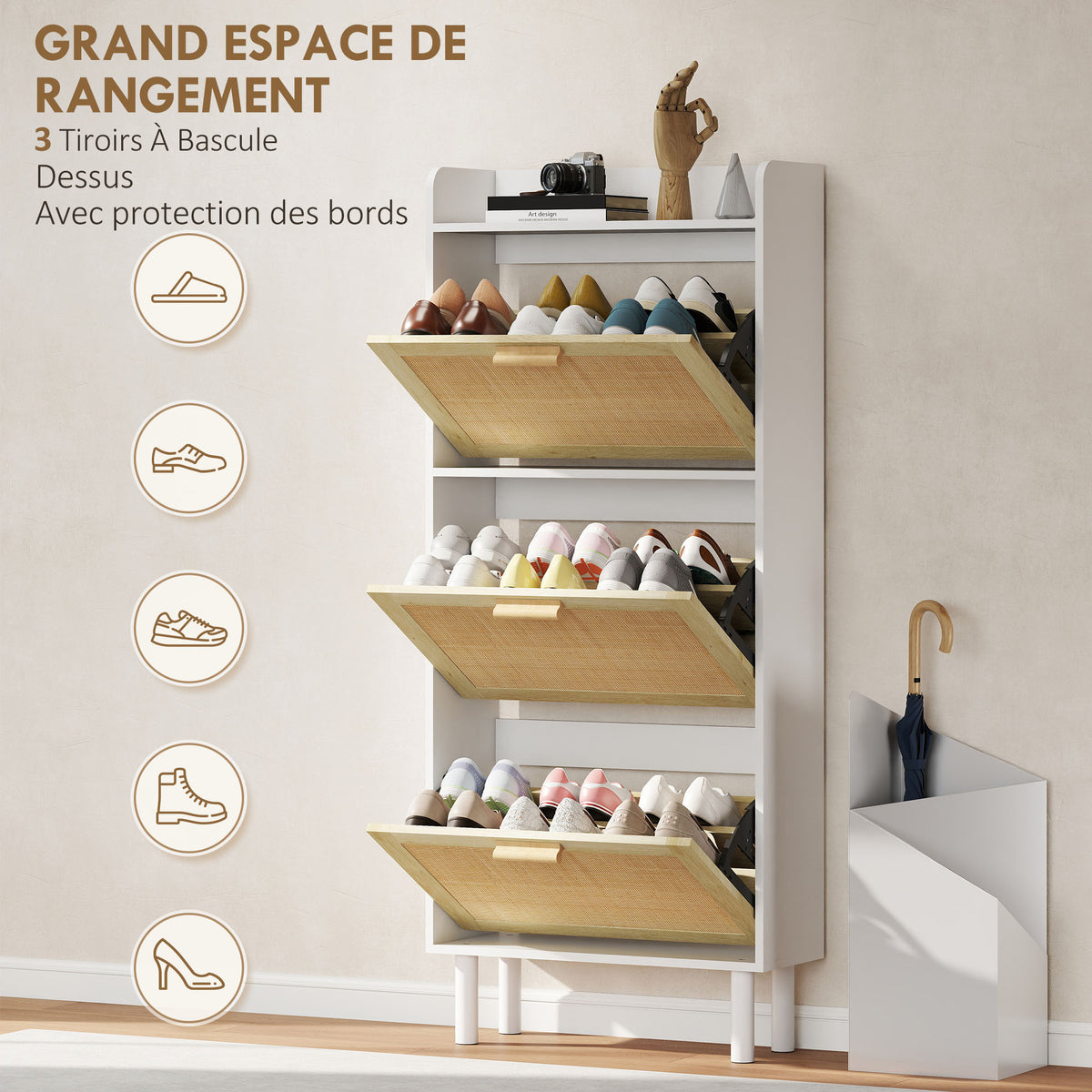 Meuble à chaussures 3 portes abattants étagère effet résine tressée design bohème 65 x 24,5 x 153 cm blanc-3