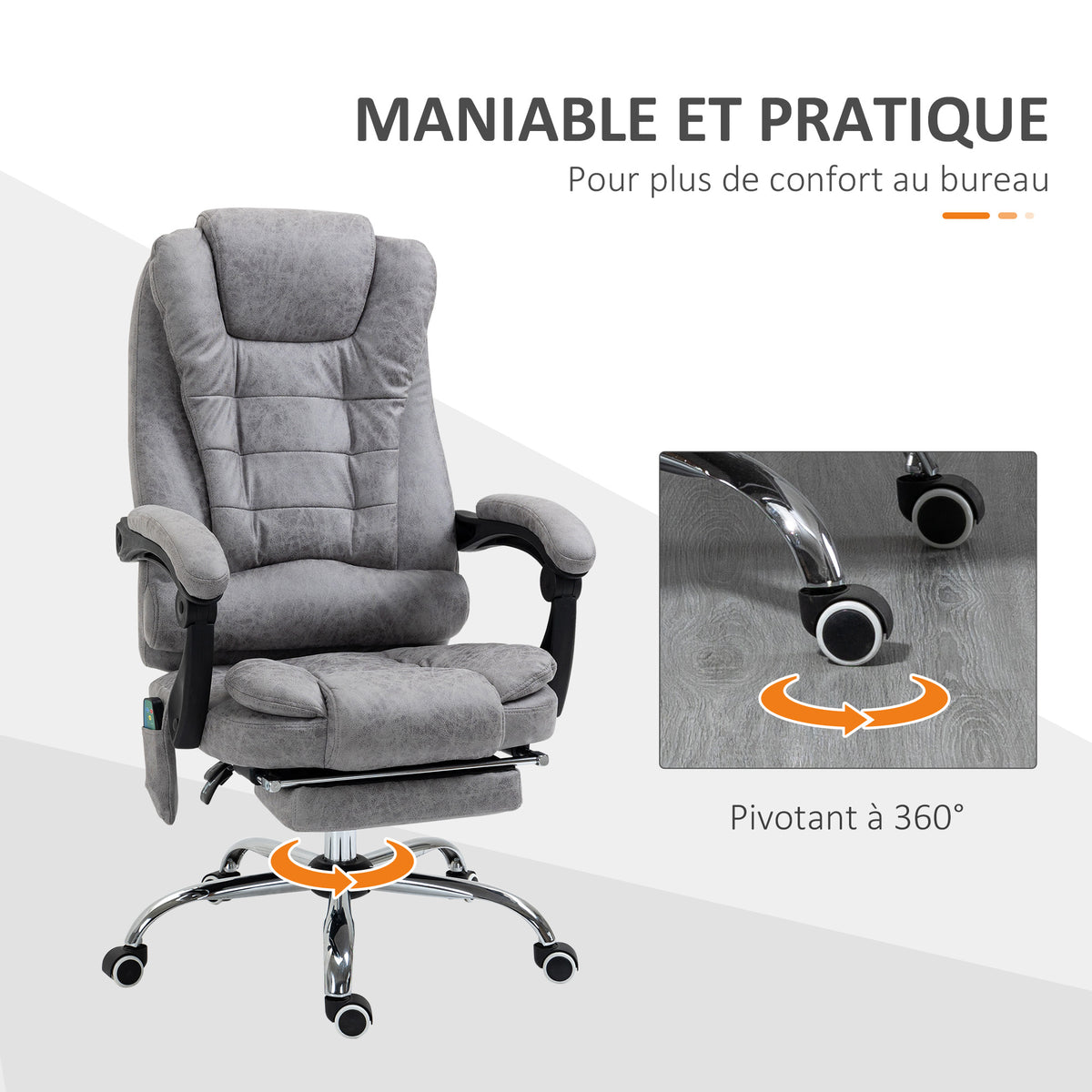Fauteuil de bureau direction massant chauffant hauteur réglable dossier inclinable toile de microfibre gris-6