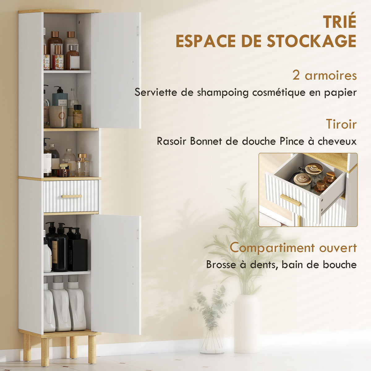 Meuble colonne salle de bain, meuble de rangement étroit avec 2 portes, tiroir, compartiment ouvert, blanc-4