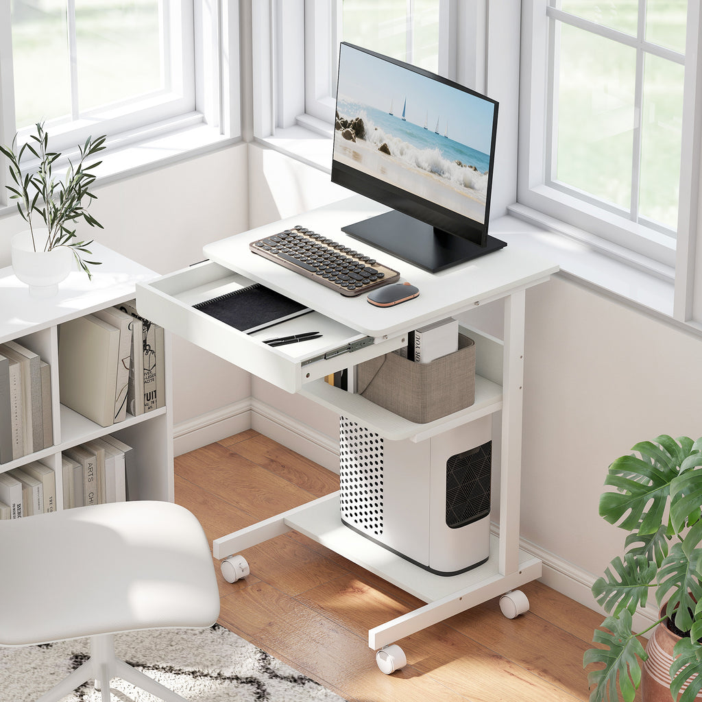 Bureau d'ordinateur sur roues, bureau avec rangement 56 x 51 cm avec tiroir, compartiment et support CPU, blanc-1