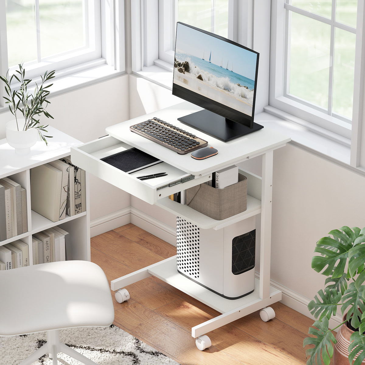 Bureau d'ordinateur sur roues, bureau avec rangement 56 x 51 cm avec tiroir, compartiment et support CPU, blanc-1