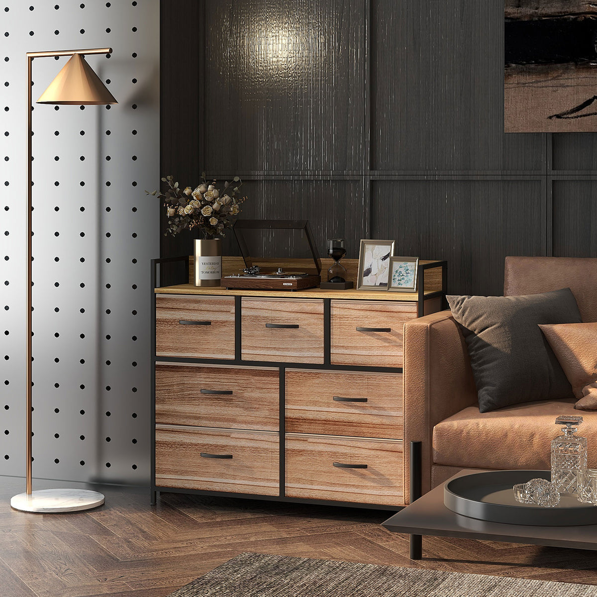 Commode 7 tiroirs meuble de rangement tiroir en tissu pliant - structure acier noir - 98 x 29 x 85 cm-8