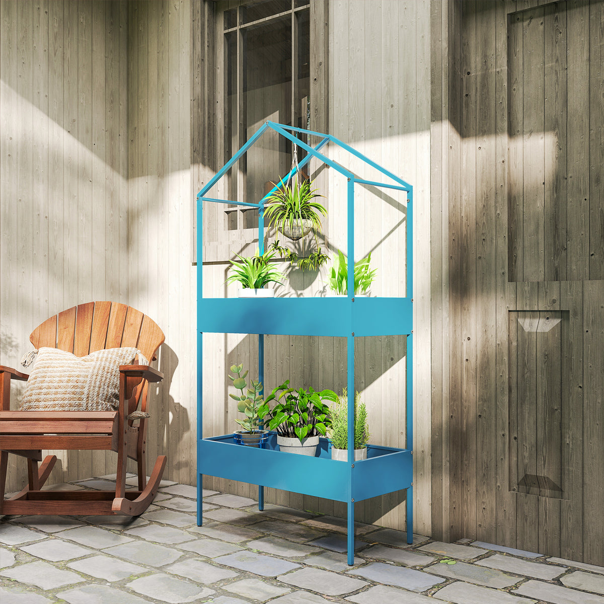 Étagère à Plantes 2 Niveaux, Support de Plantes en Métal avec Crochet, Porte-Pots en Forme de Maison, Bleu-Vert-1