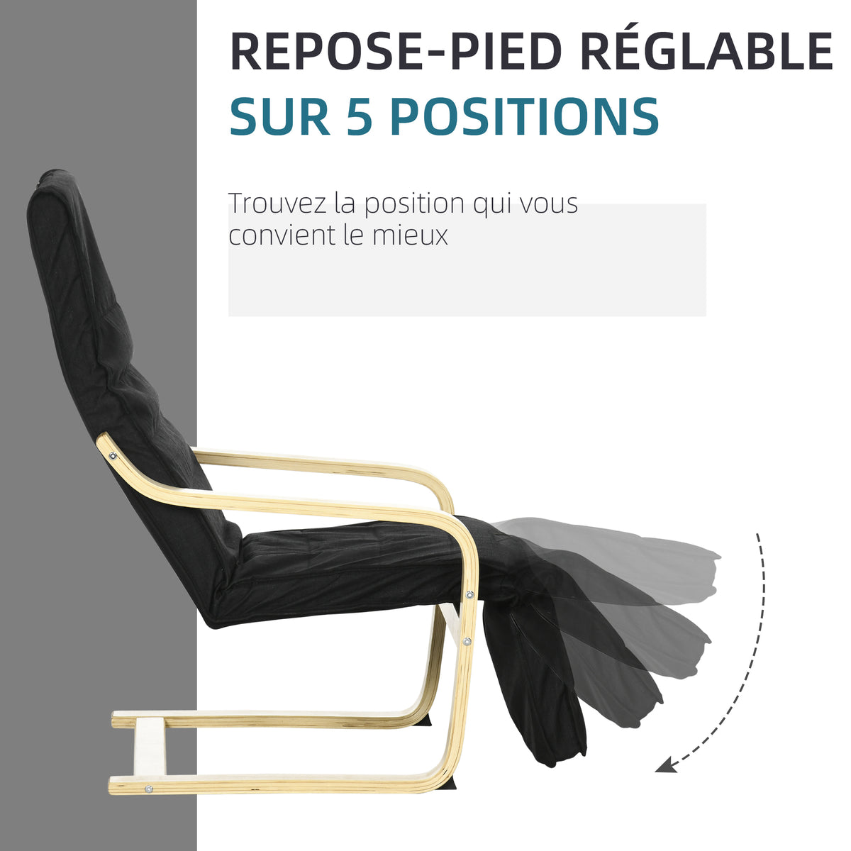 Fauteuil Relax Confort et Relaxation avec Repose-Pied réglable déhoussable 94 x 66,5 x 100 cm cm Bois Massif Noir-3