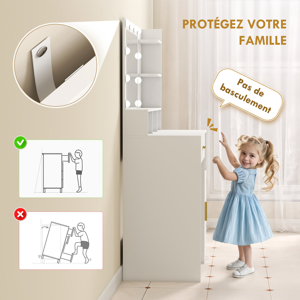 Coiffeuse avec miroir et 10 lumières LED, luminosité réglable, tiroir, placard et étagères ouvertes, 80x40x135cm, blanc-5