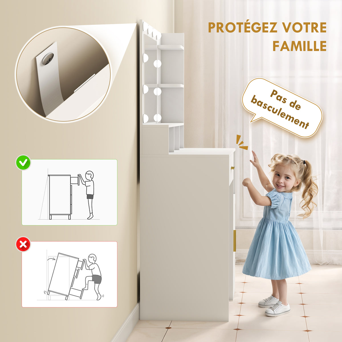 Coiffeuse avec miroir et 10 lumières LED, luminosité réglable, tiroir, placard et étagères ouvertes, 80x40x135cm, blanc-5