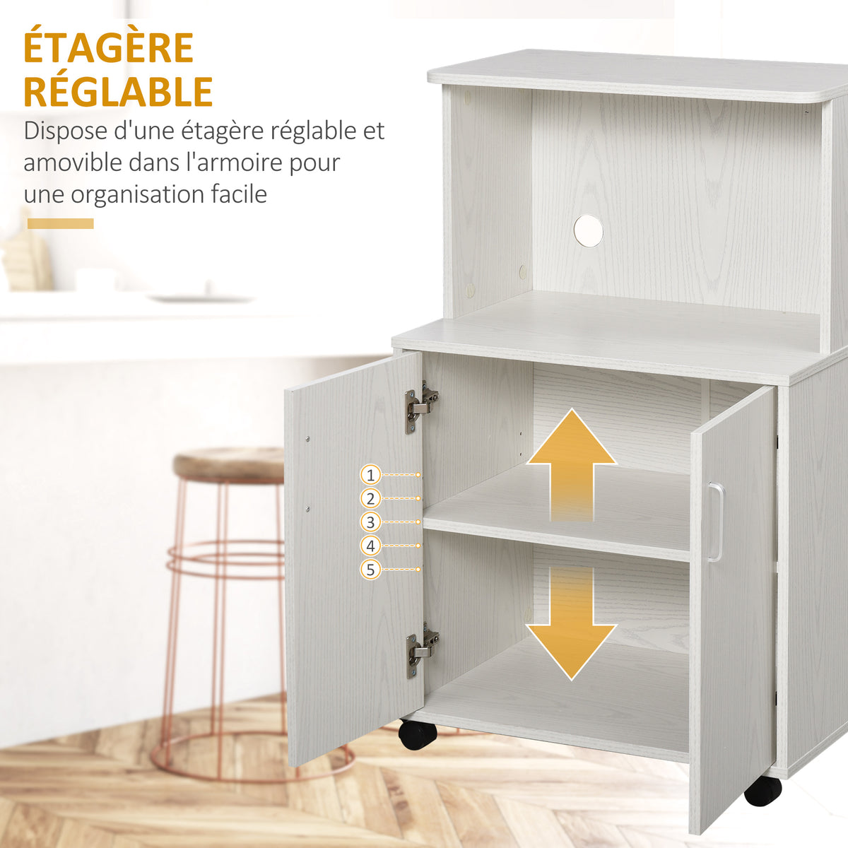 Chariot desserte micro-ondes placard 2 portes - dim. 60,4L x 40,3l x 97H cm - blanc-4