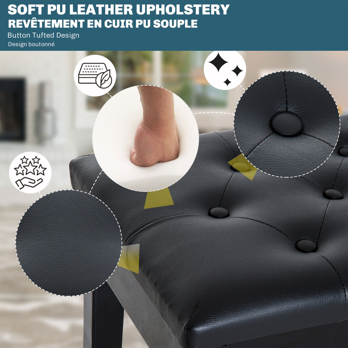 Banquette tabouret siège pour piano avec coffre de rangement pied bois caoutchouc assise capitonnée noir-3