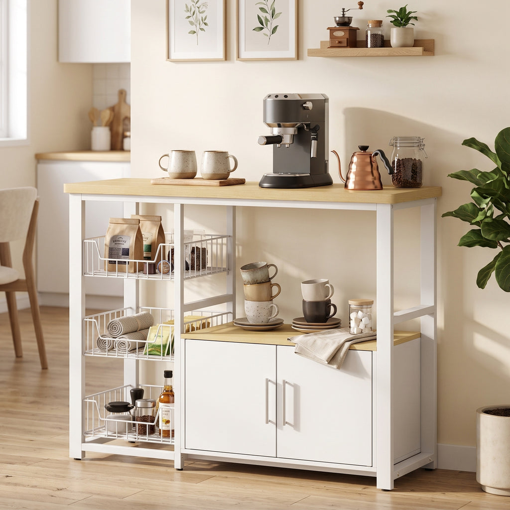 Étagère de rangement de cuisine avec paniers coulissants et placard, support micro-ondes, 100 x 35 x 80 cm, blanc-7