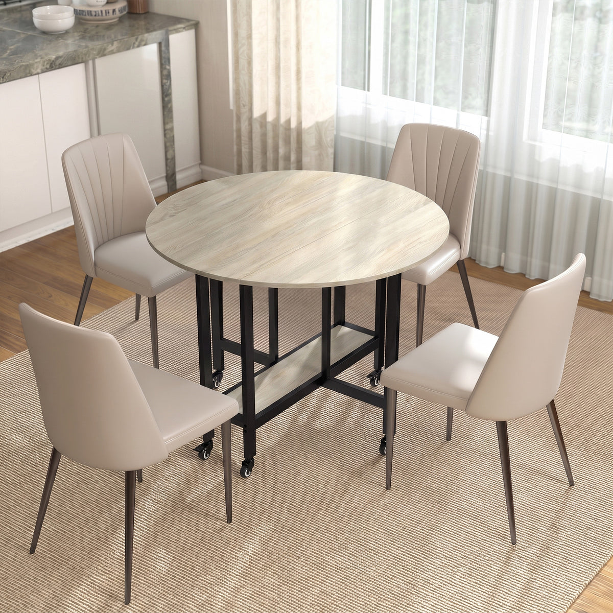 Table à Manger Pliante sur Roulettes, Table de Cuisine pour 4 Personnes, Étagère Intégrée, 100 x 100 x 75 cm, Naturel-1