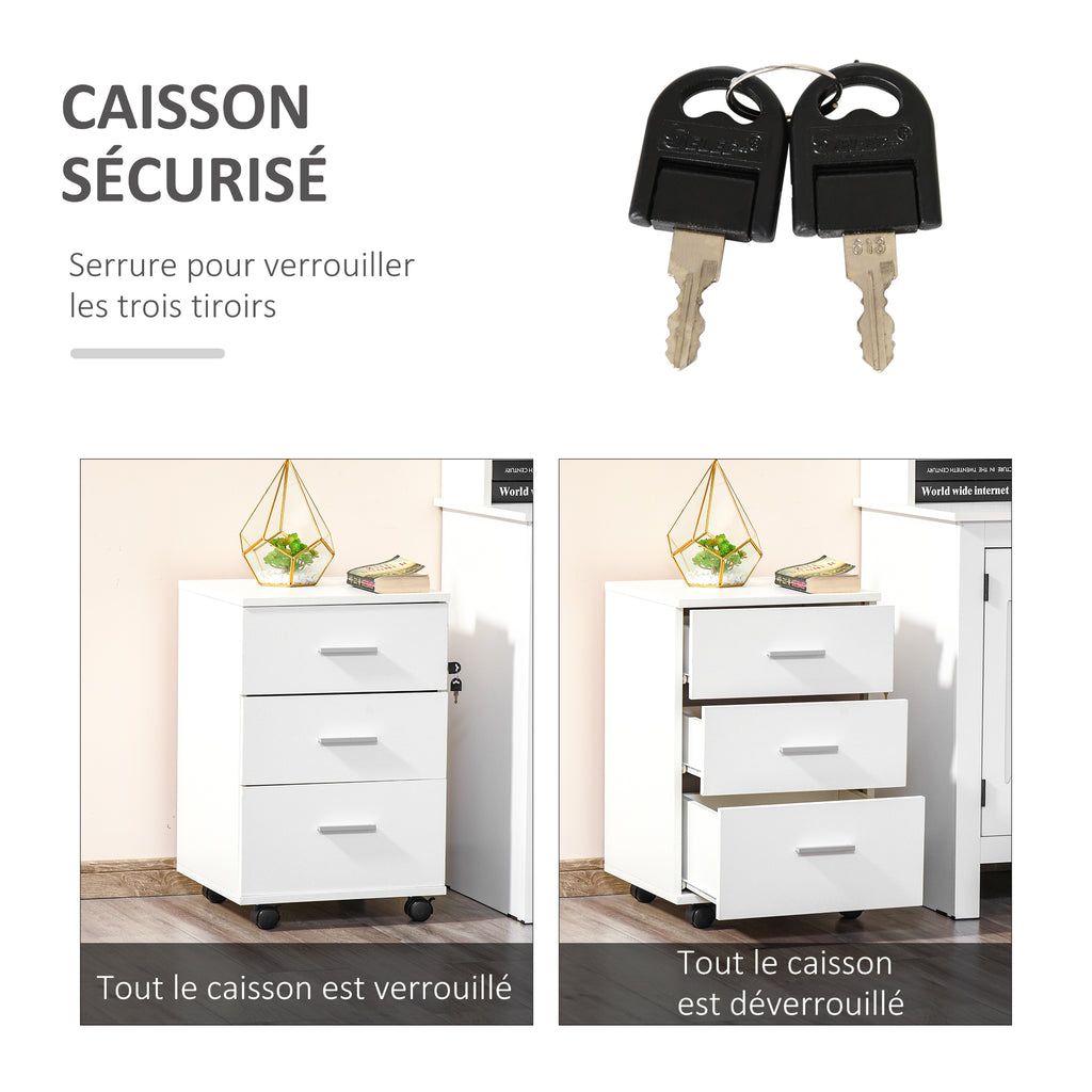 Caisson de Bureau Rangement Bureau sur Roulettes 3 Tiroirs Verrouillables 40 x 40 x 61,5 cm Blanc-3