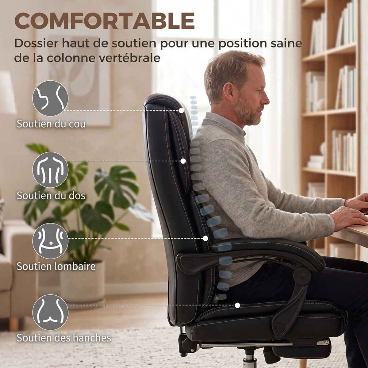 Chaise Bureau Ergonomique, Fauteuil de Bureau Inclinable, Assise rembourrée en PU, Hauteur Réglable, Noir-4