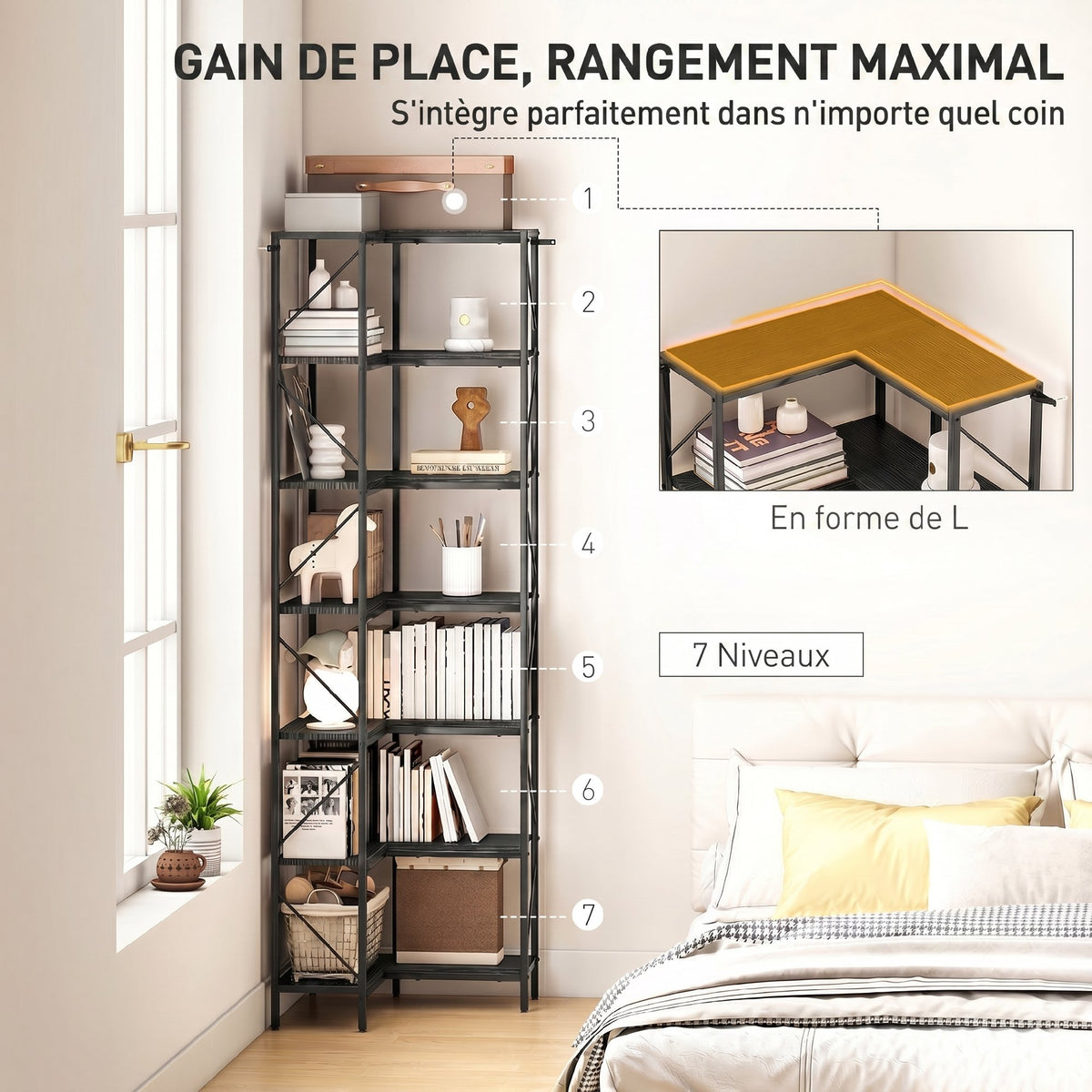 Bibliothèque d'angle à 7 niveaux industriel avec étagères de rangement, 60 x 60 x 198 cm, noir-3