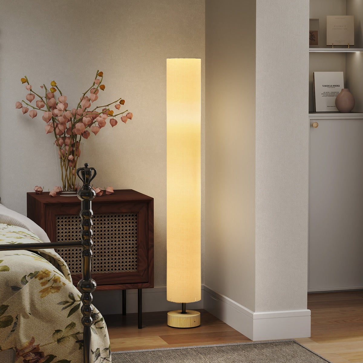 Lampadaire sur pied de salon avec abat-jour en lin, interrupteur à pied, 2 x douille E27, 120 cm, beige-1