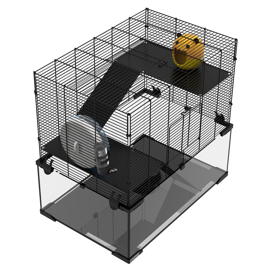 Cage hamster cage rongeur 3 niveaux avec roue rampes maisonnette abreuvoir mangeoire 60L x 40l x 54,5H cm noir-7