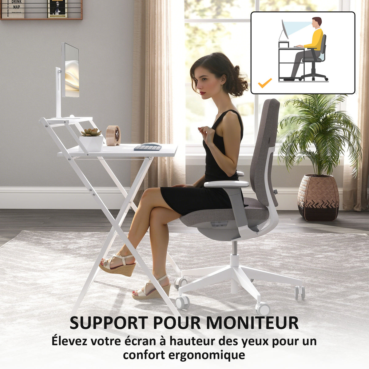 Bureau pliable 75,5 x 50 cm avec étagère de rangement pour chambre, petits espaces, blanc-4