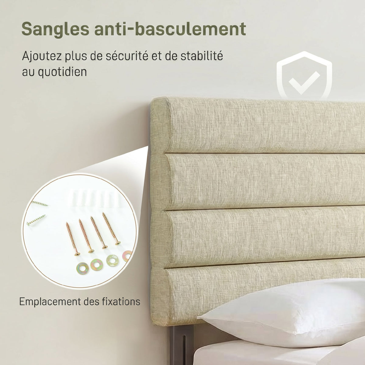 Tête de Lit Capitonnée, Hauteur Ajustable en 3 Niveaux avec Pieds en Métal pour Chambre, 140 x 10 x 106/116/126 cm Beige-6