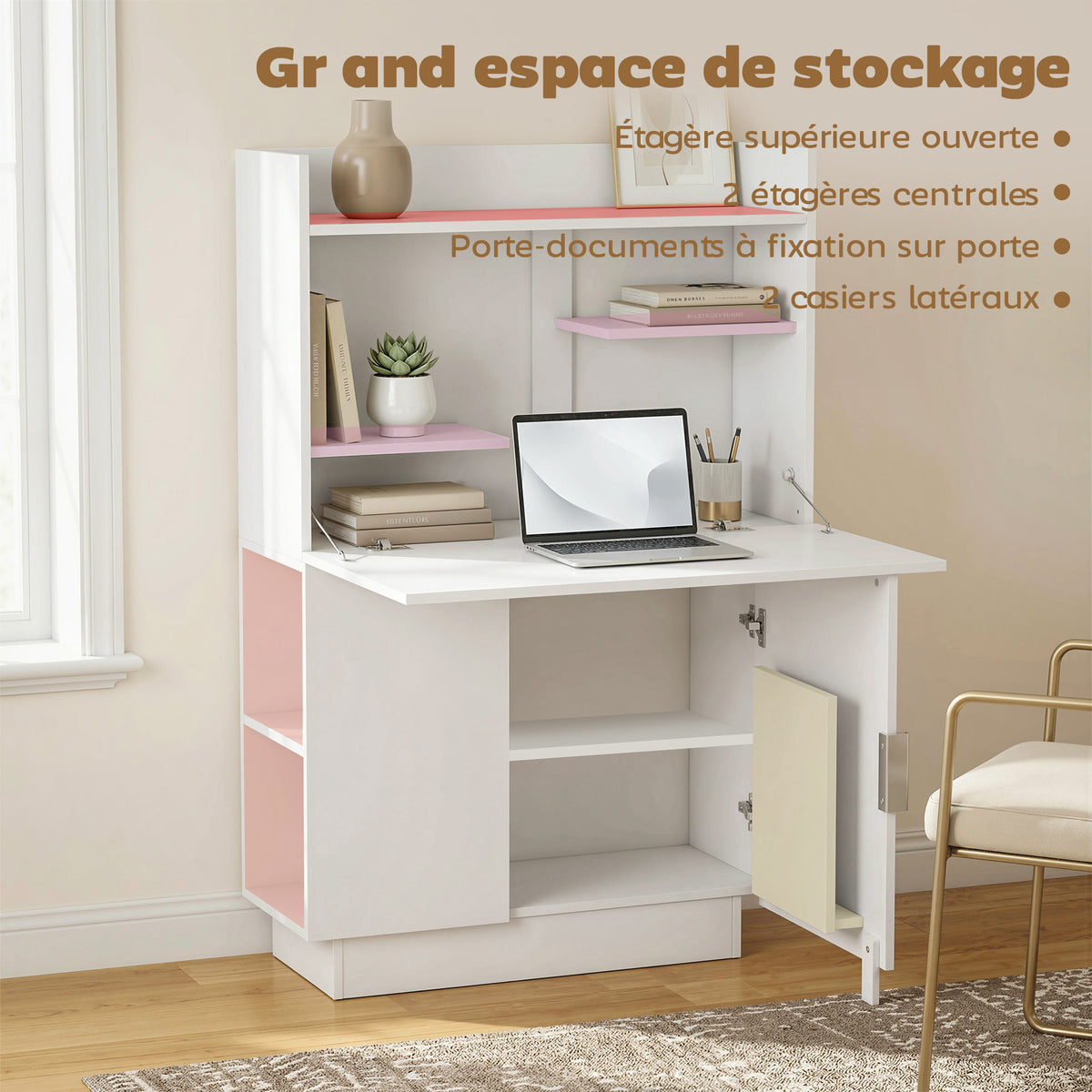 Bureau d'ordinateur pliant, bureau informatique avec plateau rabattable, étagères et placard, 80x30x128cm, blanc-4