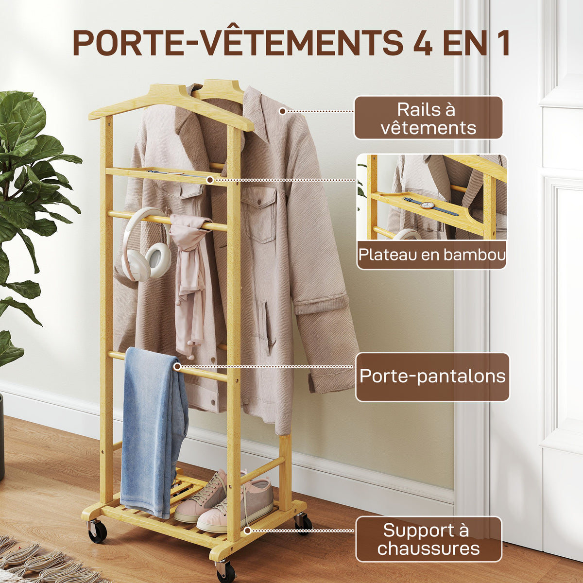 Portant à vêtements sur roulettes, porte-manteaux en bambou, double cintre intégré, 47 x 33,7 x 105,5 cm, bois naturel-3