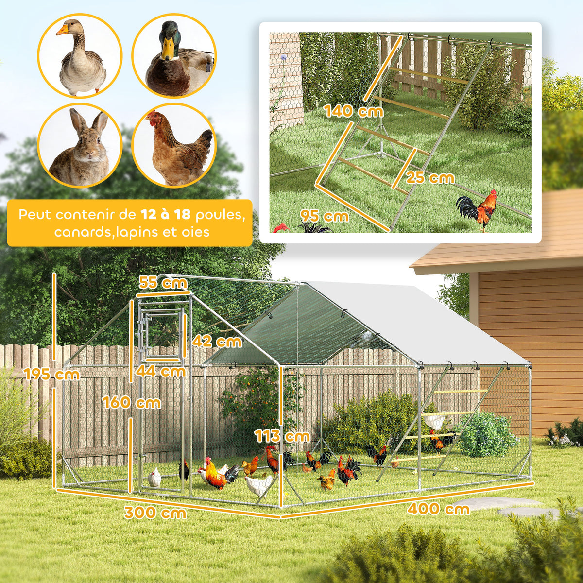 Enclos poulailler extérieur parc grillagé 12 m² avec perchoir et mangeoire acier galvanisé Ø25mm 300x400x195cm argent-2