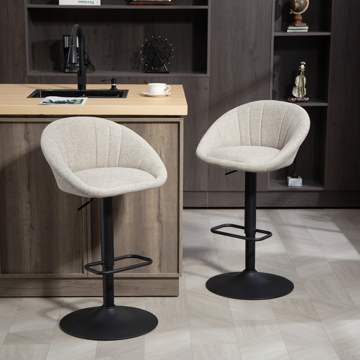 Lot de 2 tabourets de bar, chaises de bar hauteur réglable avec dossier et accoudoirs, repose-pieds, beige-9