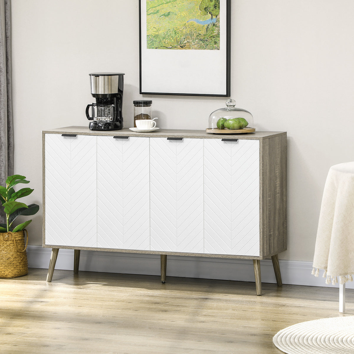 Buffet bas meuble de rangement 2 placards 4 portes motif chevrons étagères réglables 120 x 35 x 77,4 cm blanc et gris-1