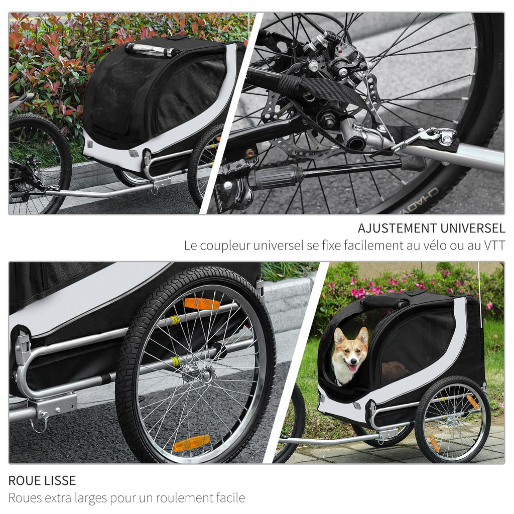 Remorque velo pour chien animaux avec drapeau et 8 reflecteurs blanc et noir-5