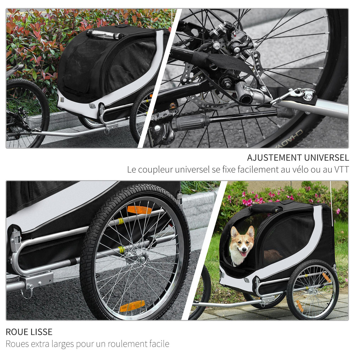 Remorque velo pour chien animaux avec drapeau et 8 reflecteurs blanc et noir-5