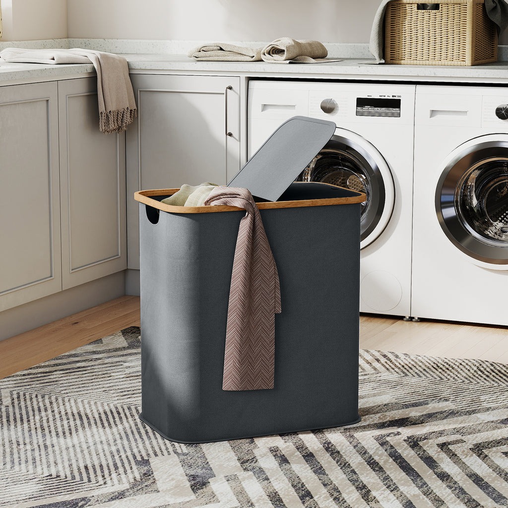Panier à linge double pliable 80 L corbeille à linge sale avec couvercle, poignées rainurées, gris-1