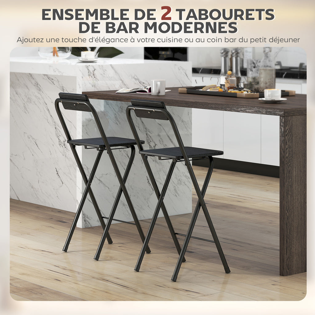 Lot de 2 tabourets de bar pliables avec dossier et repose-pieds, cadre en acier, 87 cm de haut, noir-4