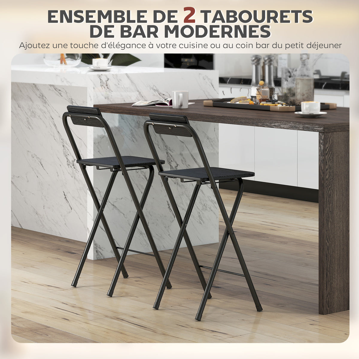 Lot de 2 tabourets de bar pliables avec dossier et repose-pieds, cadre en acier, 87 cm de haut, noir-4