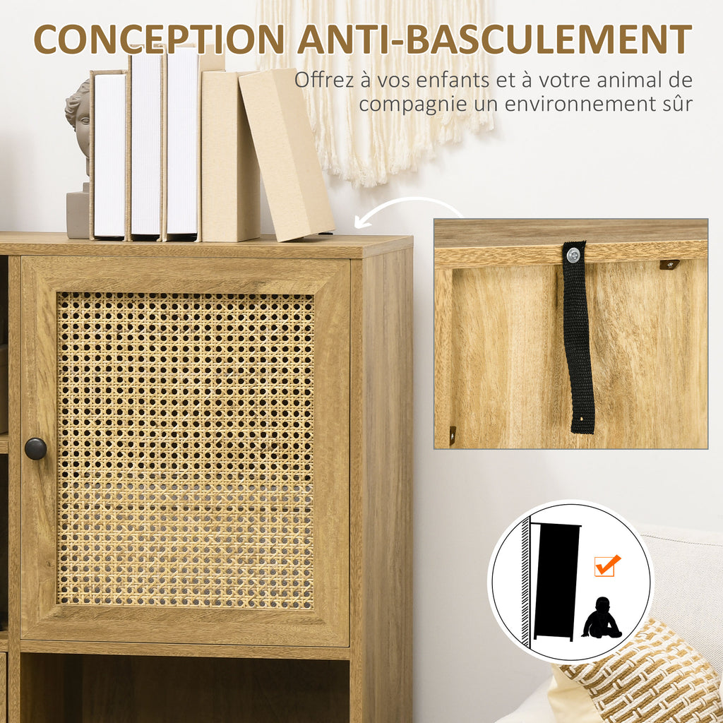 Buffet meuble de rangement armoire haut aspect bois et cannage design 2 portes - dim. 90L x 32,5l x 120H cm-5