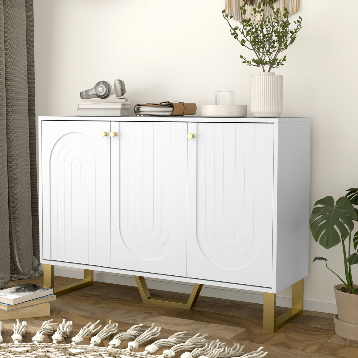 Buffet de salon avec placard à portes et étagère réglable, 106,5 x 35 x 77,5 cm, blanc-7
