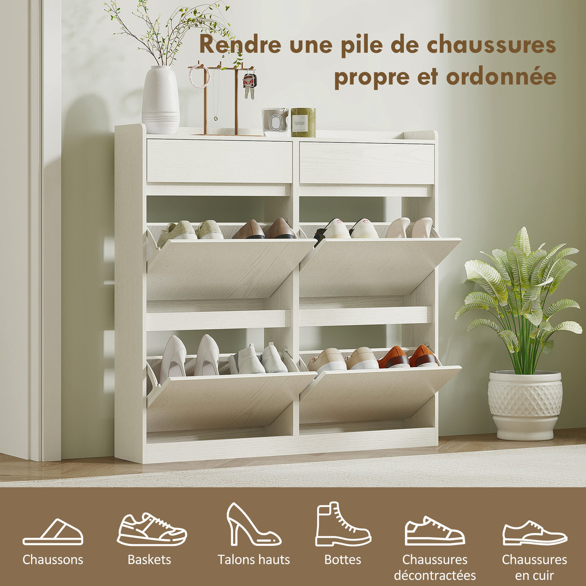 Meuble à chaussures 8 paires avec 2 tiroirs coulissants et 4 tiroirs rabattables, 98 x 19,2 x 95,3 cm, blanc-4