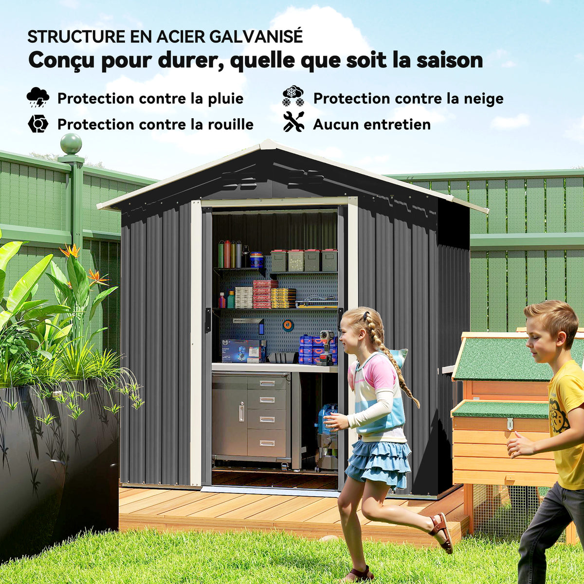 Abri de jardin en métal grand espace de rangement extérieur avec portes coulissantes 194 x 107 x 191 cm gris foncé-3