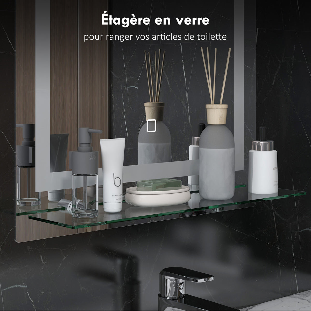 Miroir lumineux LED mural de salle de bain avec étagère intégrée 3 couleurs luminosité réglable interrupteur tactile-4