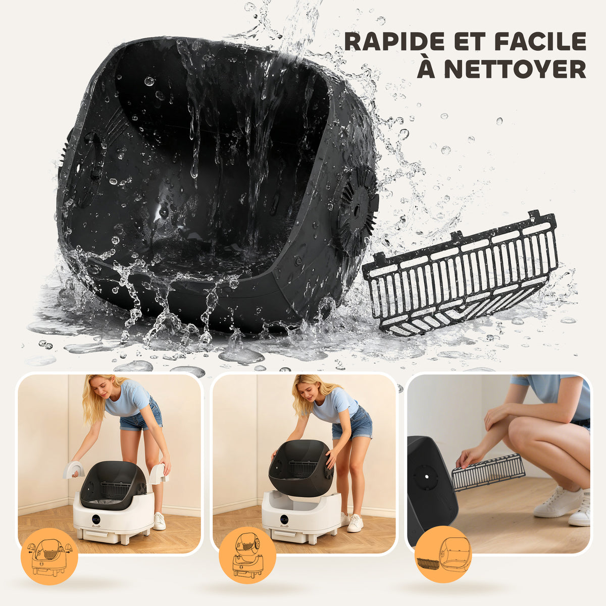 Litière chat autonettoyante bac à litière pour chat automatique ouvert isolation des odeurs/protection de sécurité blanc-6