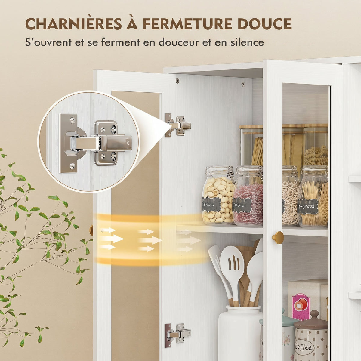 Buffet haut cuisine, vaisselier vitrine avec 4 portes à fermeture douce en verre trempé, 90x35x172cm, blanc-5