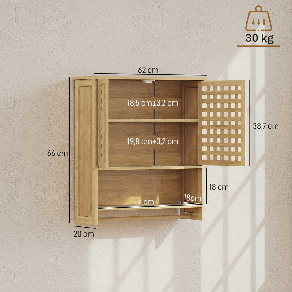 Armoire murale de salle de bain en bambou avec 2 portes ajourées, compartiment ouvert et étagère réglable, bois naturel-2