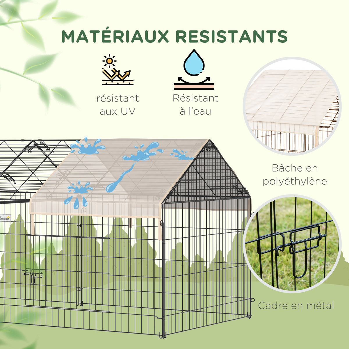 Clôture pour petits animaux cage pour animaux domestiques cadre en métal galvanisé 4 piquets de sol noir et beige-3