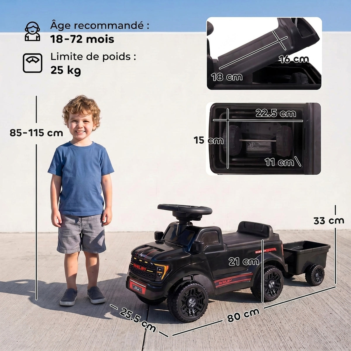 Voiture Porteur pour Enfants Shelby, Dossier, Anti-Basculement, Sons, Compartiment, 18-72 Mois, 80x25,5x33cm, Noir-2