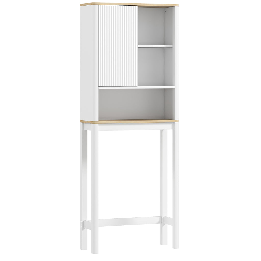 Meuble de rangement au-dessus des toilettes avec porte cannelée, compartiments, étagère réglable, 65x25x170cm, blanc-0