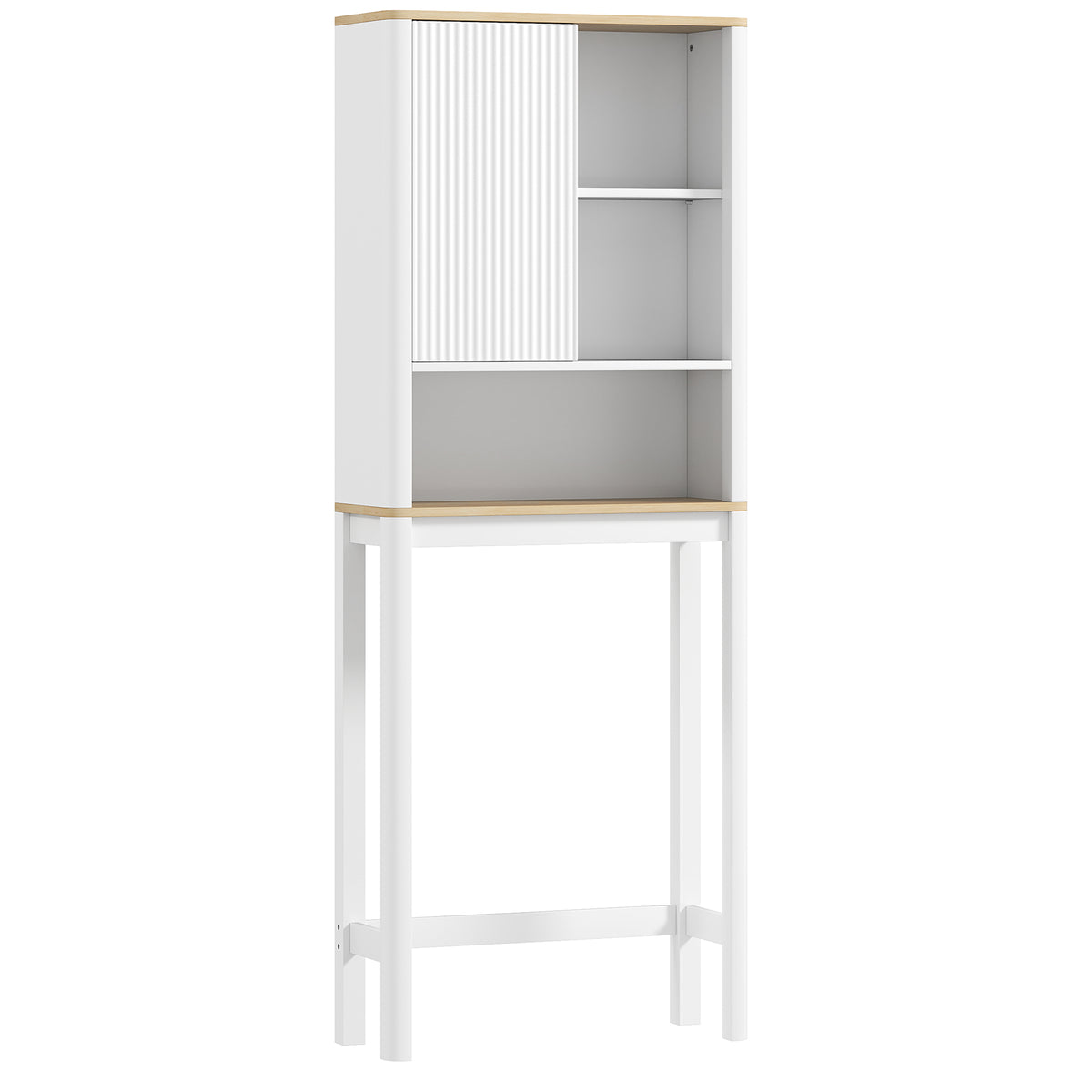 Meuble de rangement au-dessus des toilettes avec porte cannelée, compartiments, étagère réglable, 65x25x170cm, blanc-0