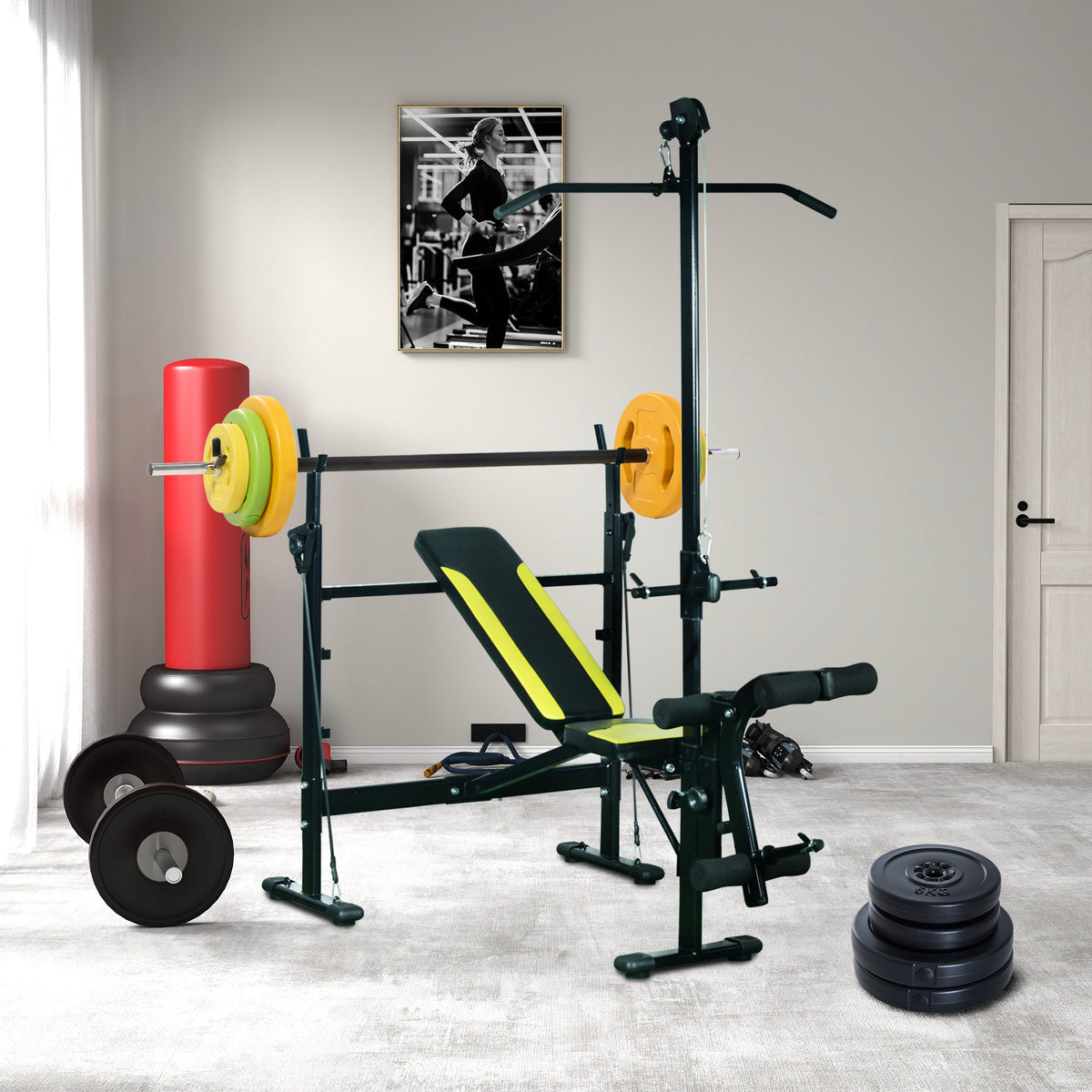 Ensemble haltères et barre 20 kg avec 6 haltères disques de 1,5 kg, 2,5 kg et 5 kg gym musculation orange vert et jaune-1