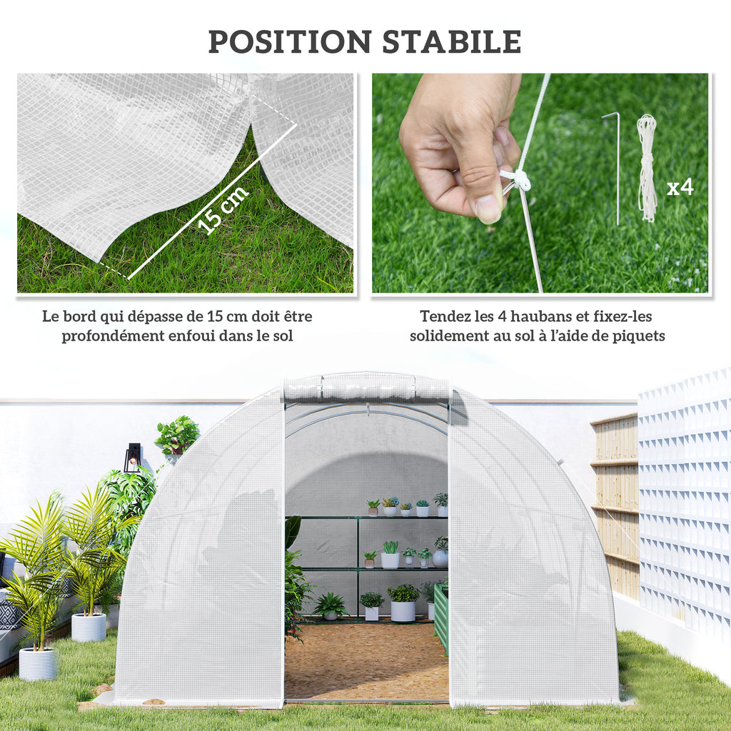 Serre de jardin tunnel 13,5 m² 6 fenêtres, porte zippée enroulable châssis acier galvanisé, bâche PE 4,5 x 3 x 2 m blanc-4