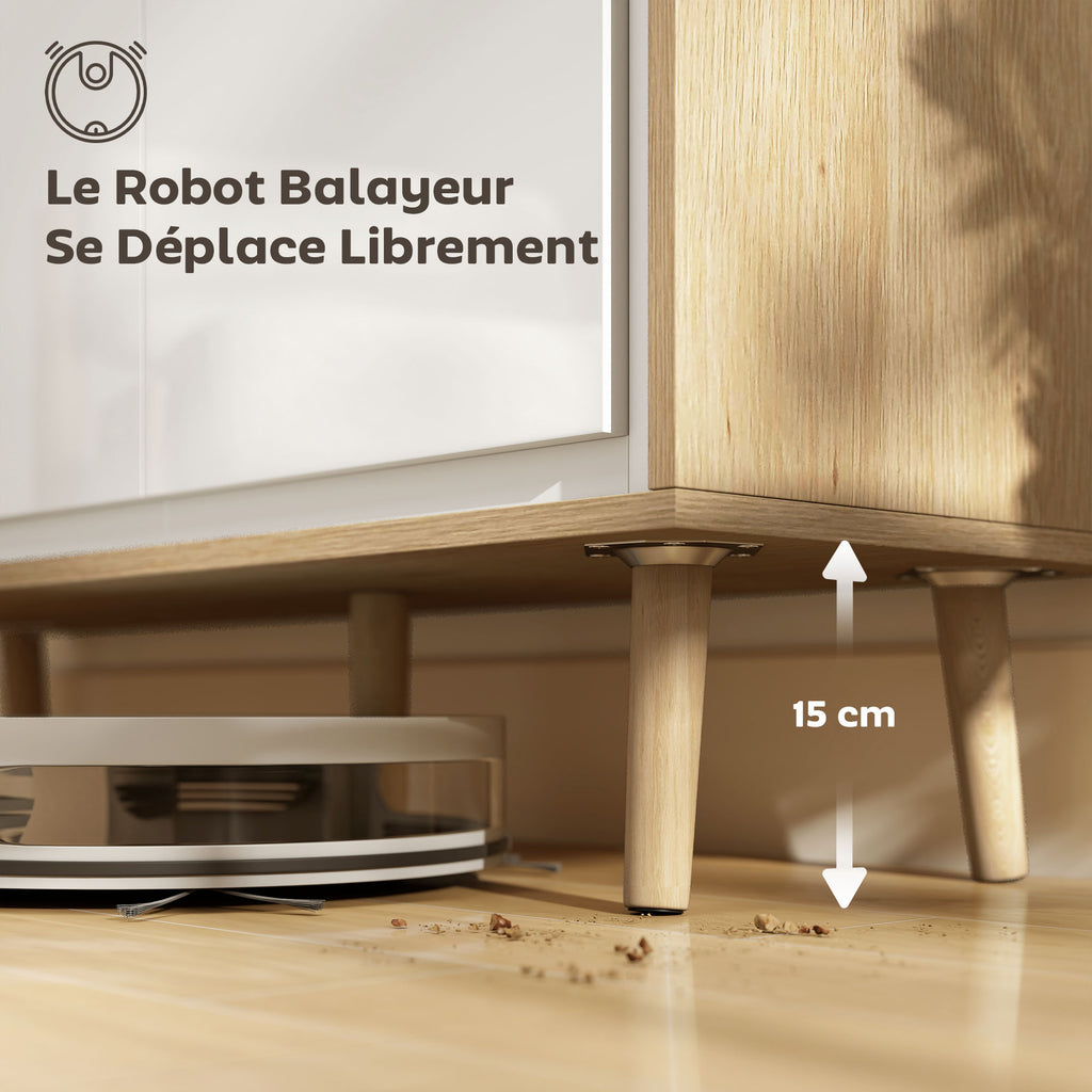 Buffet à haute brillance, meuble de rangement avec 3 portes, étagères réglables, 107 x 35 x 77 cm, blanc et chêne-6