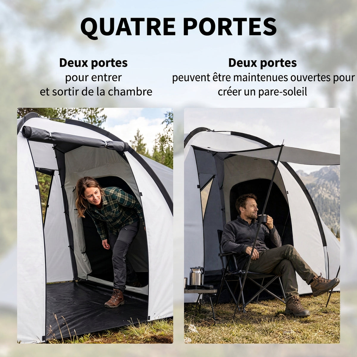 Tente de camping familiale 4 personnes dôme 2 chambres 1 séjour et 1 auvent anti-UV Imperméable 2000 mm multicolore-4