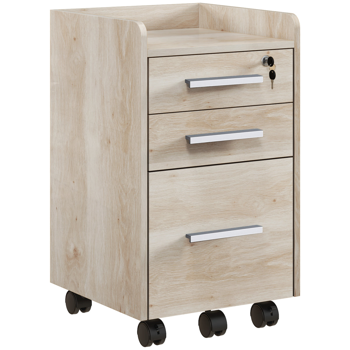 Caisson de bureau rangement bureau sur roulettes 3 tiroirs 1 verrouillable 1 trieur dossiers en bois beige-0