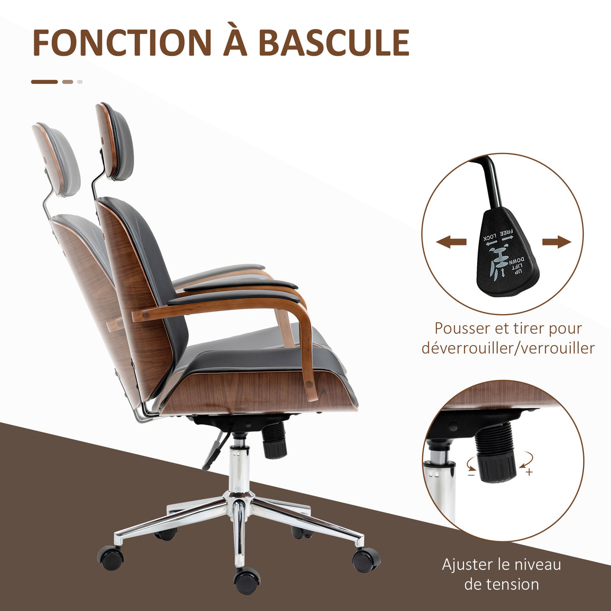 Fauteuil de bureau, chaise de bureau avec appui-tête amovible hauteur réglable et fonction de bascule, 66x65x125cm, noir-4