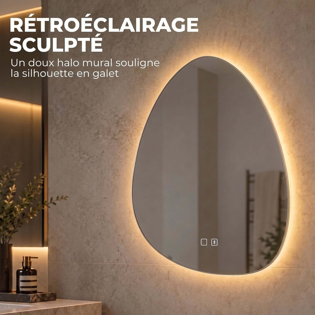Miroir Salle de Bain Bluetooth avec Éclairage LED 50x70cm, Forme Galet, Dimmable 3 Couleurs, Anti-Buée, Mémoire, Argenté-6